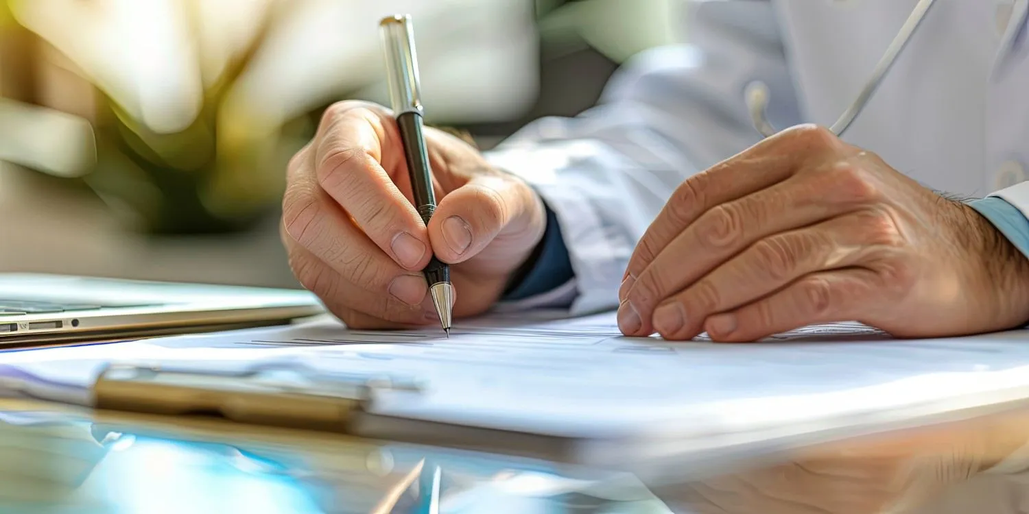 Two people going over paperwork together at a table